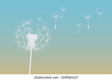 Vector illustration of dandelion time. White Beautiful Dandelion seeds blowing in the wind. The wind inflates a dandelion isolated in editable background.