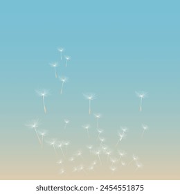 Vector illustration of dandelion time. White Beautiful Dandelion seeds blowing in the wind. The wind inflates a dandelion isolated in editable background.
