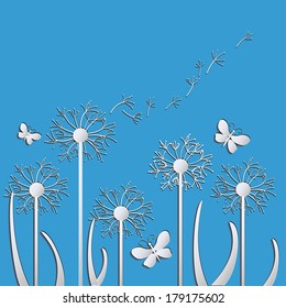 vector illustration of dandelions and butterflies on a blue background