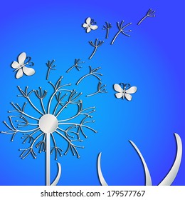 vector illustration of dandelions and butterflies on a blue background