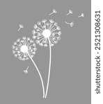 Vector illustration of dandelions flying in the wind. Black dandelion seeds flying in the wind. Dandelion wildflower in isolated vector style.