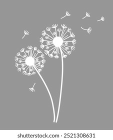 Vector illustration of dandelions flying in the wind. Black dandelion seeds flying in the wind. Dandelion wildflower in isolated vector style.