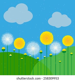 vector illustration of dandelions on a background of sky and meadows
