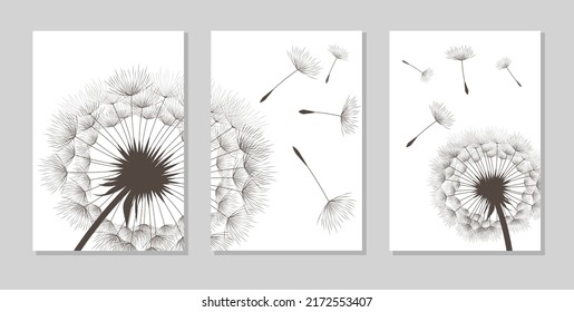 Vector illustration of dandelions on white background.
Black silhouette with flying dandelion buds. EPS10 for wall decor,  wallpaper,  postcards, posters etc. Wall art for decor. 