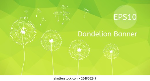 Vector  illustration of dandelions on a wind loses the integrity, blue polygonal background.