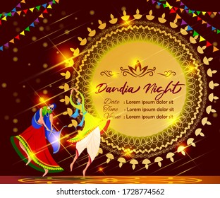 vector illustration for Dandia night means Dandiya night ,illustration is showing man and woman performing Dandia dance with beautiful night backdrop
