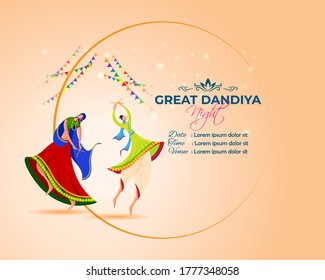 vector illustration for Dandia night means Dandiya night. illustration is showing man and woman performing Dandia dance with beautiful night backdrop.