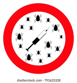 Vector illustration dangerous parasite mite warning sign. Anti parasite sign. Medical syringe.Stop mite icon