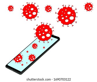 Vector illustration dangerous red virus concept on Smartphone icon. Dirty mobile phone with new virus, coronavirus, COVID19 infection. Communication and business sign with white background isolated.