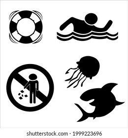 Vector illustration. Dangerous sea creature. Warnings on the beach. Beach precautions. Environment. Entering the water is hazardous. Symbol used in beach. lifebuoy. Swimming. Jellyfish. Garbage.