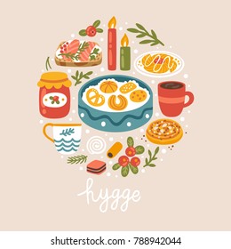 Vector illustration with Danish food, drinks and hand written text "Hygge". Scandinavian style. Trendy concept background.