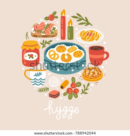 Vector illustration with Danish food, drinks and hand written text 