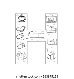 Vector illustration Danish hygge concept of belonging to moment and enjoying simple things: fireplace, rocking chair, warm socks, cup of tea, shopping bags, bread, rainbow,chocolate in H frame