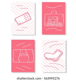 Vector illustration Danish hygge concept of belonging to moment and enjoying simple things: fireplace, rocking chair, warm socks, window with rainbow, chocolate. Unique collection of card templates
