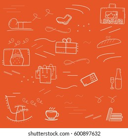 Vector illustration Danish hygge concept of belonging to moment and enjoying simple things: fireplace, rocking chair, warm socks, cup of tea, fresh bread, rainbow,chocolate and a present