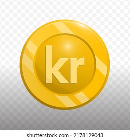 Vector illustration of Danish Krone currency coin in gold color on transparent background (PNG).