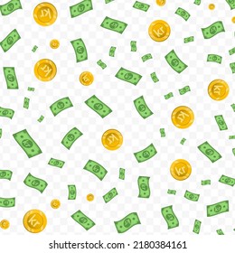 Vector illustration of Danish Krone currency. Random pattern of banknotes and coins in green and gold colors on transparent background (PNG). 