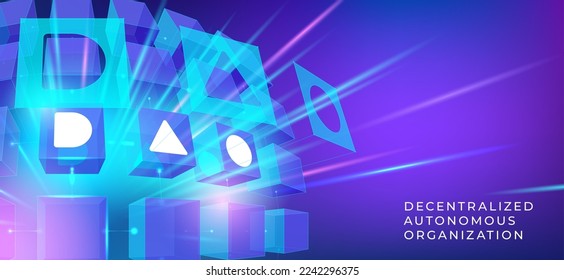Vector illustration with DAO typography. Concept of Decentralized Autonomous Organisation, smart contract, cryptocurrency, blockchain technology for infographics, banner, wallpaper, background. svg
