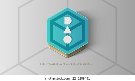 Vector illustration with DAO typography and volumetric polygon, hexagon for background, wallpaper. Decentralized Autonomous Organisation, smart contract, cryptocurrency, blockchain technology. svg