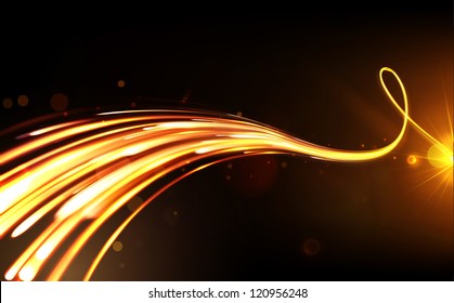 Vector illustration of dark abstract background with blurred orangr magic neon light curved lines