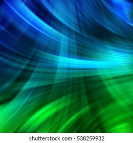 Vector illustration of dark abstract background with blurred light curved lines. Vector geometric illustration. Dark green, blue colors. 