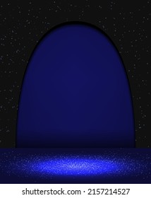 Ilustración vectorial fondo oscuro con arco azul y brillante diseño del suelo escénico