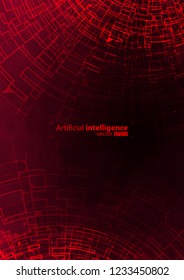 Vector illustration of dark background with broken circle, and cloud. Design for intelligence science technology. Glow abstract design. Geometry on color gradient field with translucent red geometry.