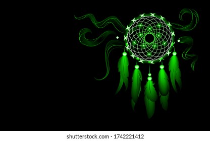 Vector illustration. Dark background. Green dreamcatcher.