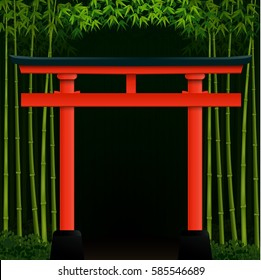 Vector illustration of Dark bamboo forest background with red japanese gate