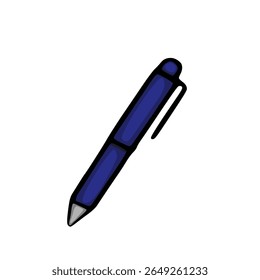 A vector illustration of a dark blue ballpoint pen, depicted in a simple, hand-drawn style with a slightly angled perspective, showcasing its metallic grey tip and clip.