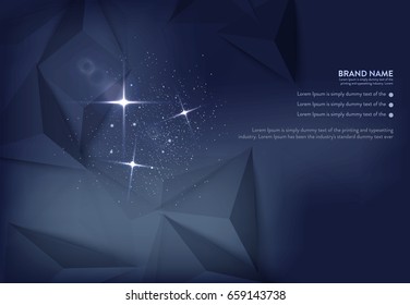 Vector illustration of dark blue banner with glowing light effect and lens flares on polygon pattern. An excellent advertising poster for holiday discounts and sales