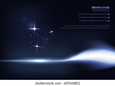 Vector illustration of dark blue banner with glowing light effect with rays and lens flares. An excellent advertising poster for holiday discounts and sales