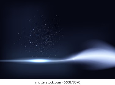 Vector illustration of dark blue banner with glowing light effect with rays and lens flares. An excellent advertising poster for holiday discounts and sales