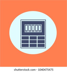 Vector illustration. Dark blue calculator with a dial on a light blue and orange background. Office and school.