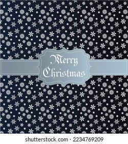 Vector illustration of Dark blue Christmas greeting card with white snowflakes and light blue ribbon
