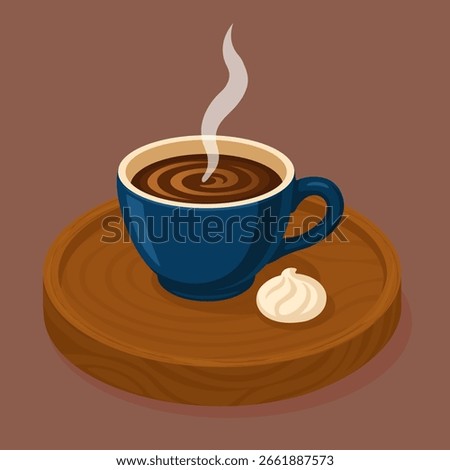 Vector illustration of a dark blue coffee cup on a round wooden tray, accompanied by a small meringue. A warm and cozy composition perfect for café, breakfast, or coffee break themes.