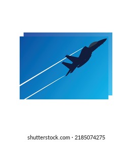 vector illustration of dark blue color fighter jet flying above the sky emitting smoke. airshow single jet flying.