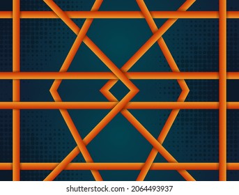 ilustración vectorial del fondo de gradiente azul oscuro con elemento de forma geométrica utiliza el diseño de colores naranja. patrón de círculo de medio tono de transparencia. diseño horizontal abstracto.