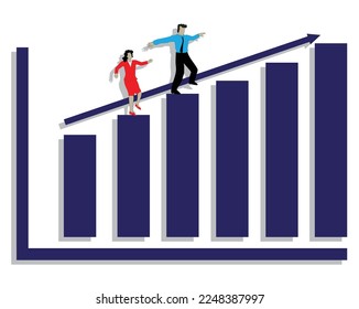 vector illustration of a dark blue graph showing a positive trend with an arrow pointing to the very top left and there are two men and a woman walking on the graph