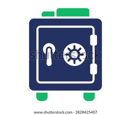 Vector illustration of a dark blue heavy steel safe deposit box with a mechanical combination dial lock for securing money and valuables.