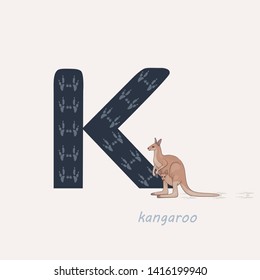 Vector illustration. Dark blue letter K with kangaroo's footprints, a cartoon kangaroo. Animal alphabet.