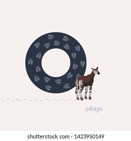 Vector illustration. Dark blue letter O with okapi's footprints, a cartoon okapi. Animal alphabet.