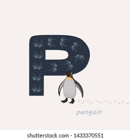 Vector illustration. Dark blue letter P with penguin's footprints, a cartoon penguin. Animal alphabet.