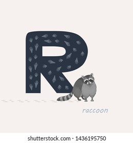 Vector illustration. Dark blue letter R with raccoon tracks, a cartoon raccoon. Animal alphabet.