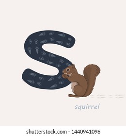 Vector illustration. Dark blue letter S with squirrel tracks, a cartoon squirrel. Animal alphabet.