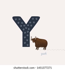 Vector illustration. Dark blue letter Y with yak tracks, a cartoon yak. Animal alphabet.