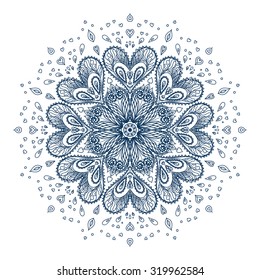 Vector illustration of dark blue mandala on white background. Good for banners, cards, packaging, cover of music album, textile