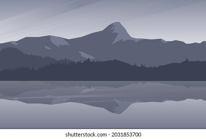 Vector illustration  dark blue mountain landscape with  forest. 