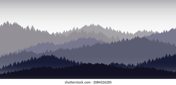 Vector illustration of dark blue mountain landscape fog and forest sunrise and sunset in the mountains.