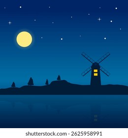 Vector illustration of dark blue mountain scenery and windmills. 2d illustration design. Perfect for wallpaper, website or decoration.